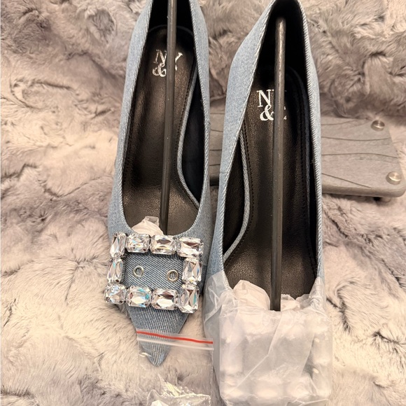 Elegant Blue Denim NY and Company Women's High Heels with Crystal Embellishment - Picture 11 of 12